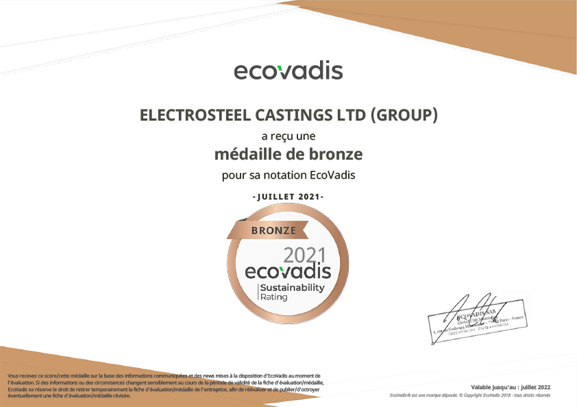 Electrosteel ha recibido una medalla de bronce por su desempeño RSE EcoVadis
